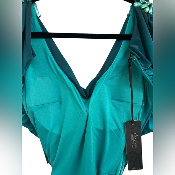 NWT Cartise Women's Embellished Bead Ombre Teal Blue Ruched Zip Mini Dress Sz 12 - Picture 4 of 6